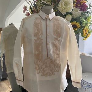 Men's Cream Filipino Barong XL Embroidered Long Sleeve Shirt